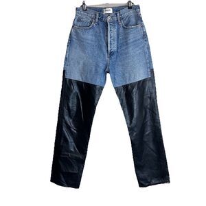 Agolde Pieced 90's High-Rise Pinch-Waist Leather Straight-Leg Jeans Size 27 $375